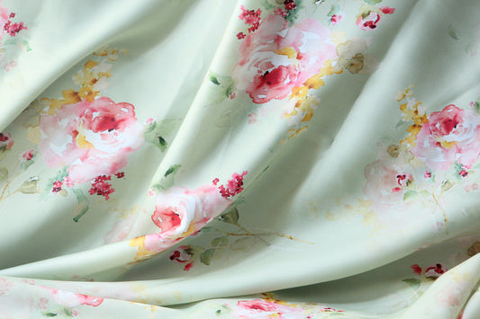 1 yard-luxurious satin charmeuse fabric by the yard-pastel mint watercolor look roses printed satin fabric-print pink roses-floral fabric