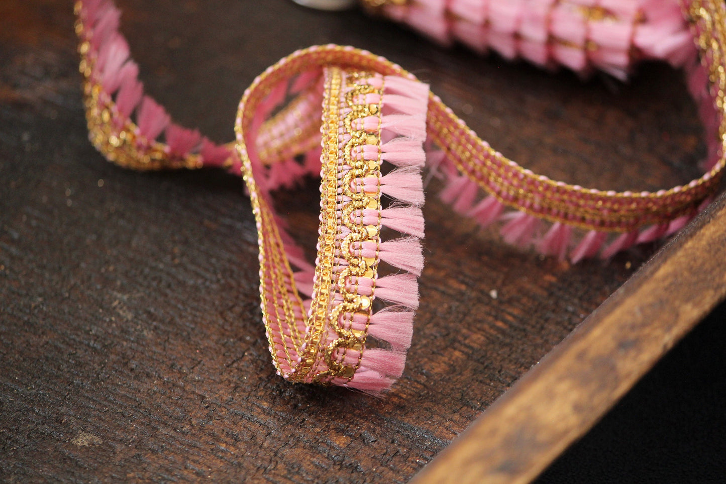 Ribbon by the yard- tassel ribbon in candy pink-woven Indian embroidery ribbon-holiday ribbon- gift wrap- wedding ribbon