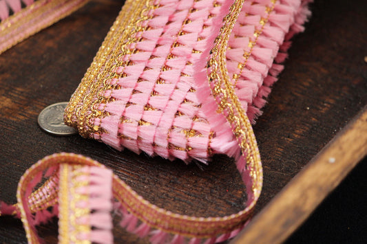 Ribbon by the yard- tassel ribbon in candy pink-woven Indian embroidery ribbon-holiday ribbon- gift wrap- wedding ribbon