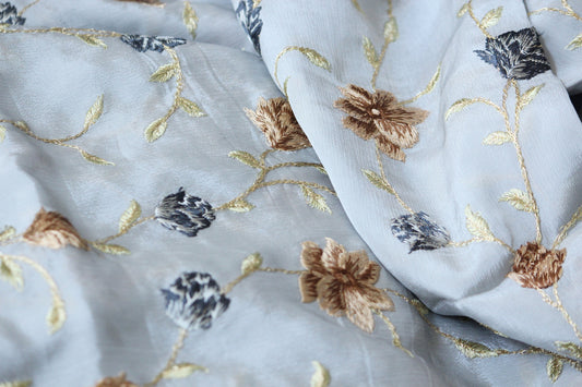 Half yard-Dove grey fabric with of brown embroidery -floral embroidery on satin chiffon fabric-Indian floral embroidery