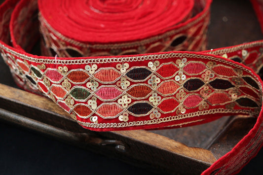Ribbon by the yard- Red multicolored embroidery ribbon-woven Indian ribbon-bouquet ribbon-bridal ribbon- gift wrap- wedding ribbon