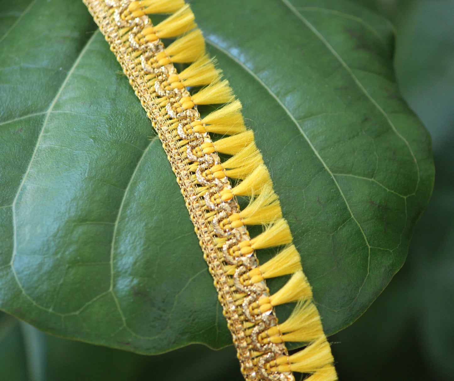 Ribbon by the yard- tassel ribbon in Lemon yellow-woven Indian embroidery ribbon-holiday ribbon- gift wrap- wedding ribbon