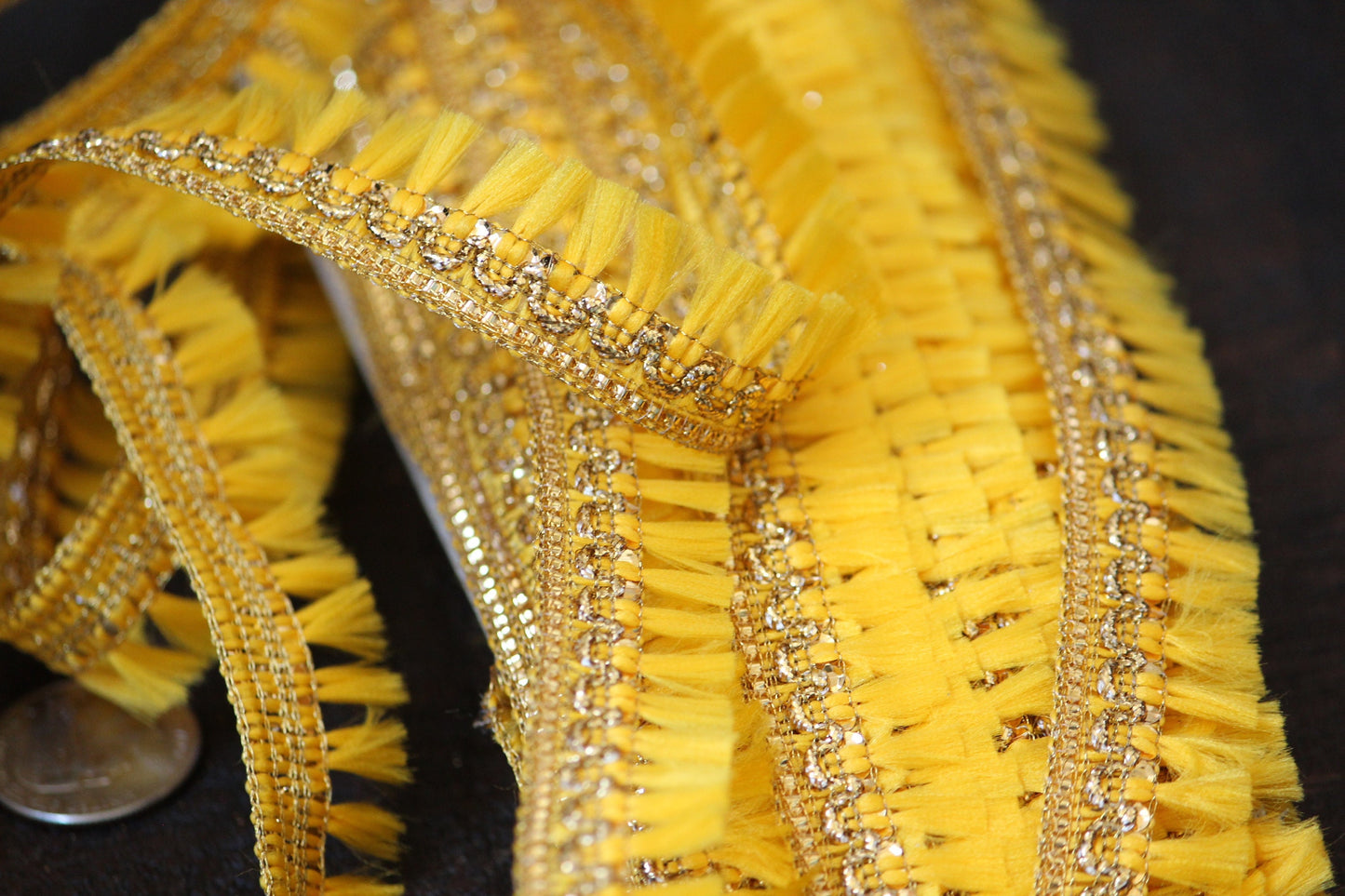 Ribbon by the yard- tassel ribbon in Lemon yellow-woven Indian embroidery ribbon-holiday ribbon- gift wrap- wedding ribbon