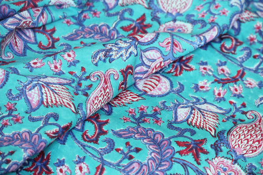 Teal, Pink and Red floral hand block printed cotton fabric by the yard