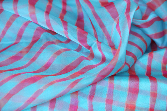 1 yard-Blue striped organza fabric by the yard-Blue with red stripe organza fabric-blue print fabric- geometric sheer fabric