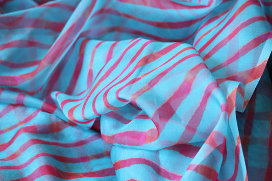 1 yard-Blue striped organza fabric by the yard-Blue with red stripe organza fabric-blue print fabric- geometric sheer fabric