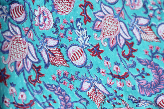 Teal, Pink and Red floral hand block printed cotton fabric by the yard