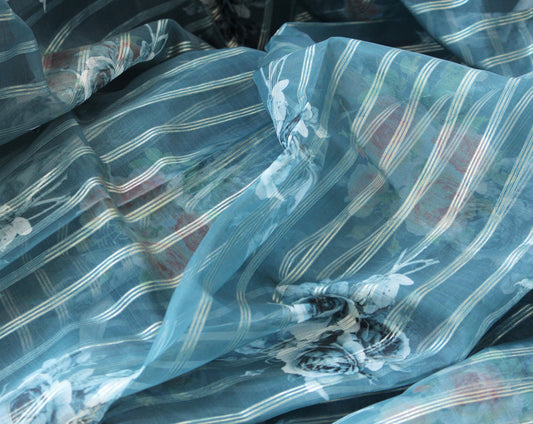 1 yard-Blue grey organza fabric by the yard-Elegant floral and lurex stripe printed organza fabric-floral fabric-print flowers-sheer fabric