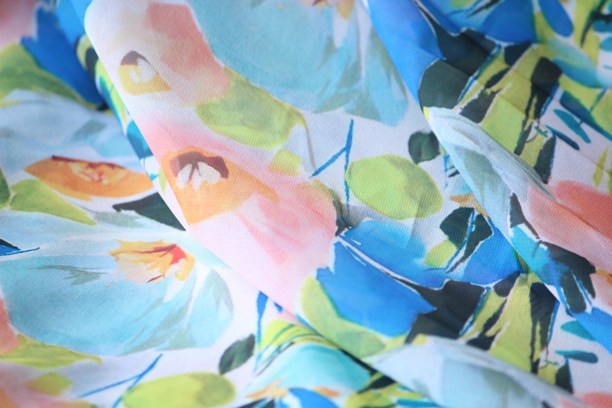 1 yard-bright abstract floral print chiffon fabric by the yard-Gorgeous watercolor look printed fabric-print blue pink chiffon-flowy fabric