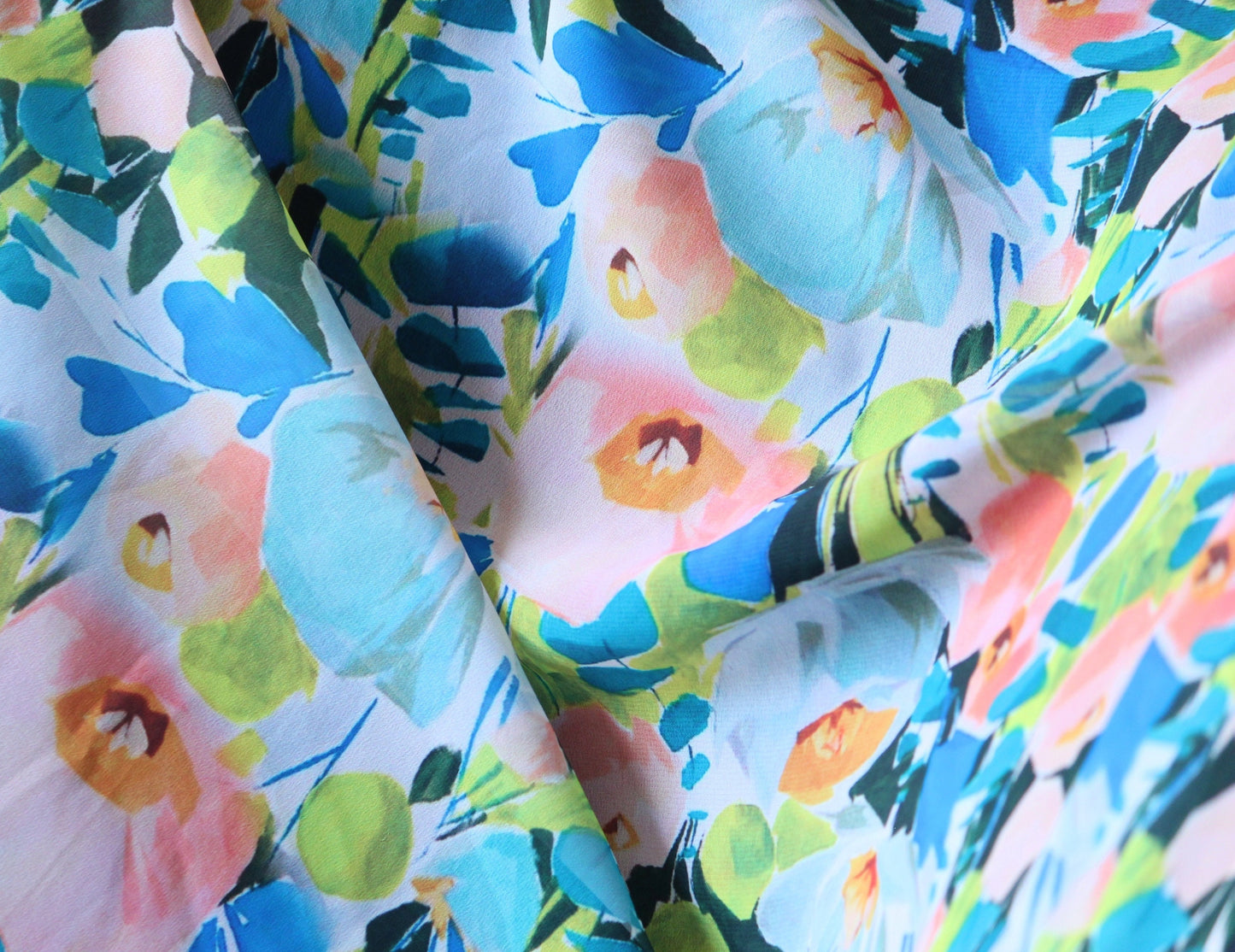 1 yard-bright abstract floral print chiffon fabric by the yard-Gorgeous watercolor look printed fabric-print blue pink chiffon-flowy fabric