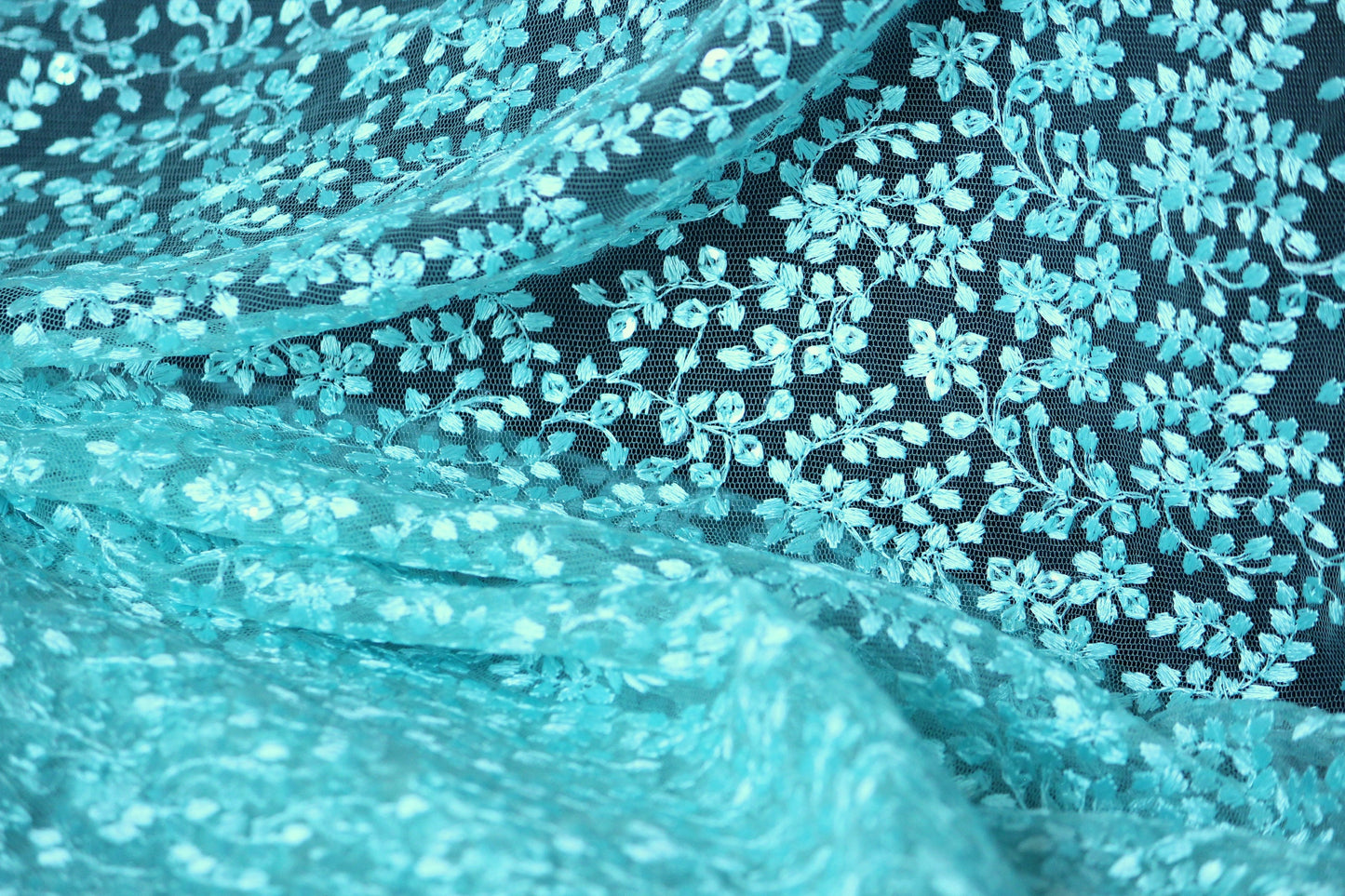 Half yard- Aqua blue tulle embroidery fabric with of scalloped edge -teal blue sequin embroidery mesh fabric-Indian embroidery