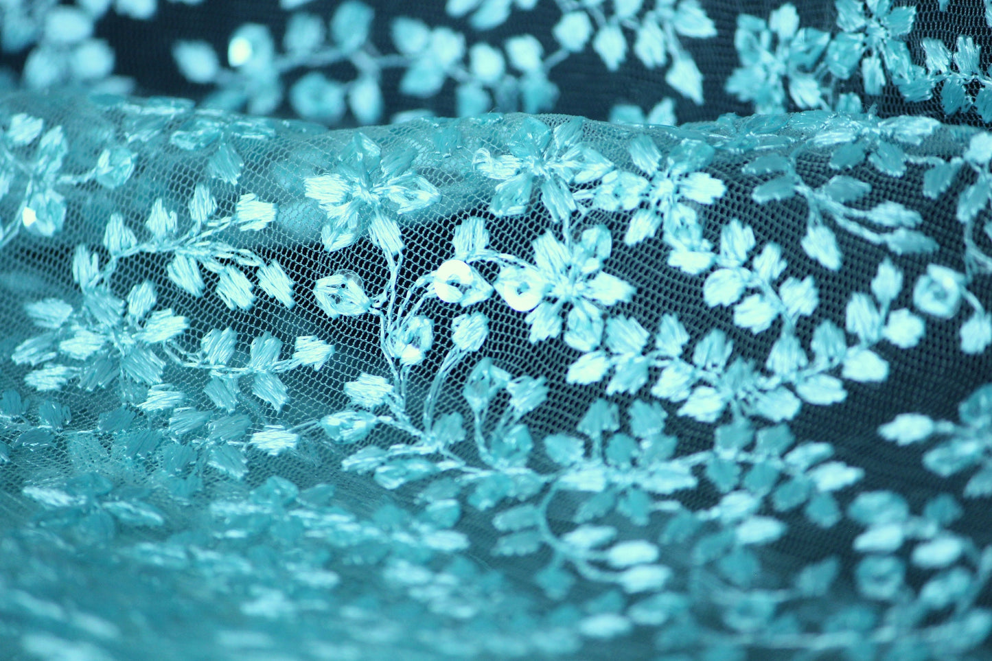 Half yard- Aqua blue tulle embroidery fabric with of scalloped edge -teal blue sequin embroidery mesh fabric-Indian embroidery
