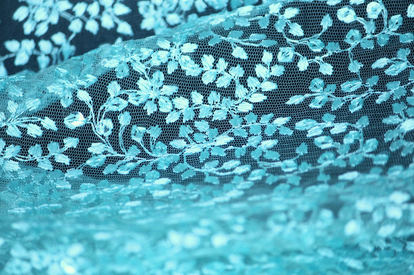 Half yard- Aqua blue tulle embroidery fabric with of scalloped edge -teal blue sequin embroidery mesh fabric-Indian embroidery