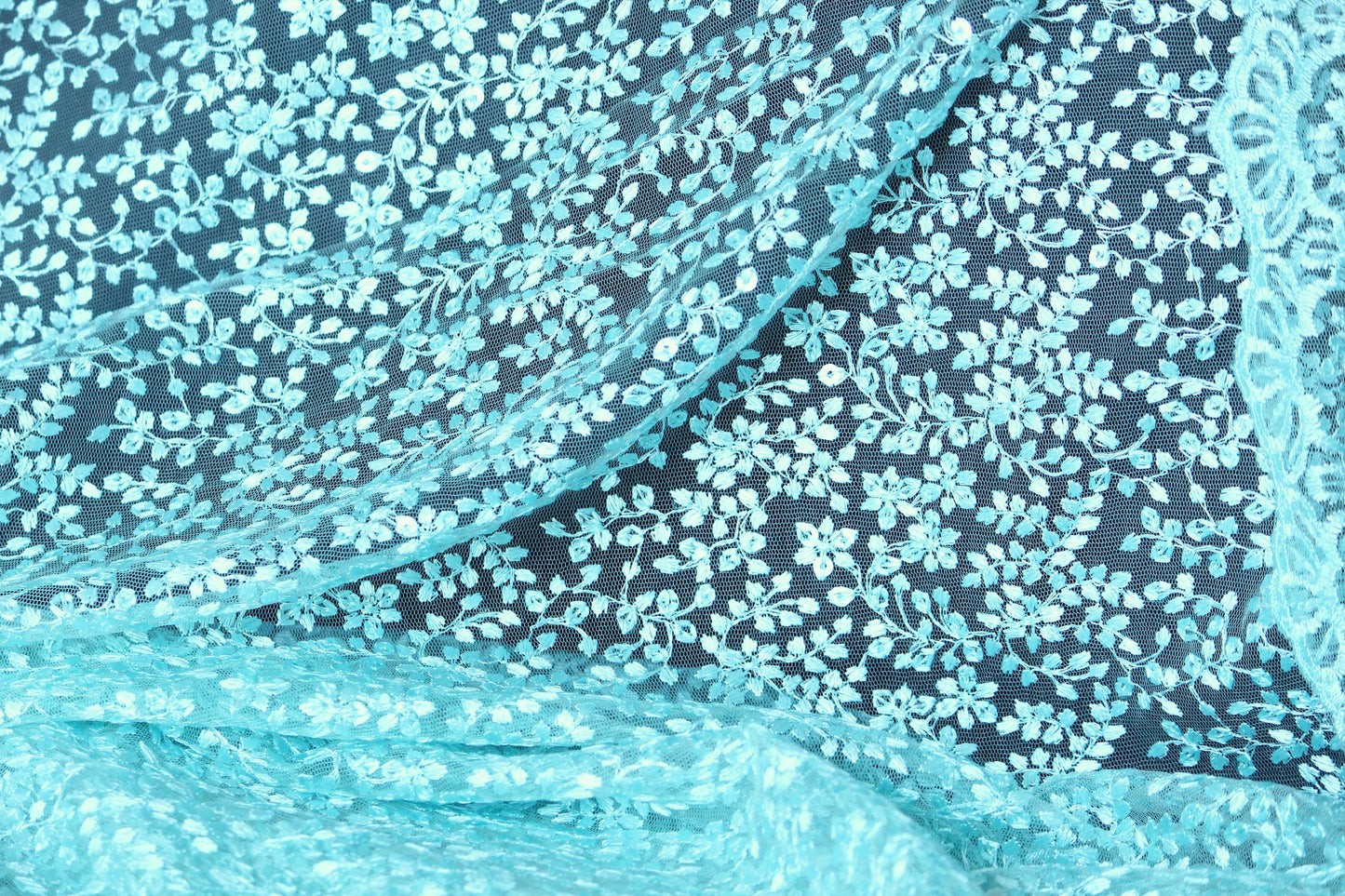 Half yard- Aqua blue tulle embroidery fabric with of scalloped edge -teal blue sequin embroidery mesh fabric-Indian embroidery