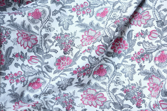 Grey and pink red floral hand block printed cotton fabric by the yard