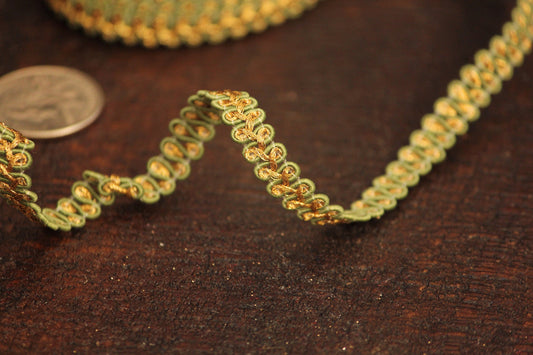 2 yards- mini woven ribbon in Green and gold-woven Indian embroidery ribbon-holiday ribbon- gift wrap- wedding ribbon