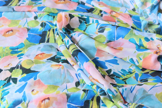 1 yard-bright abstract floral print chiffon fabric by the yard-Gorgeous watercolor look printed fabric-print blue pink chiffon-flowy fabric