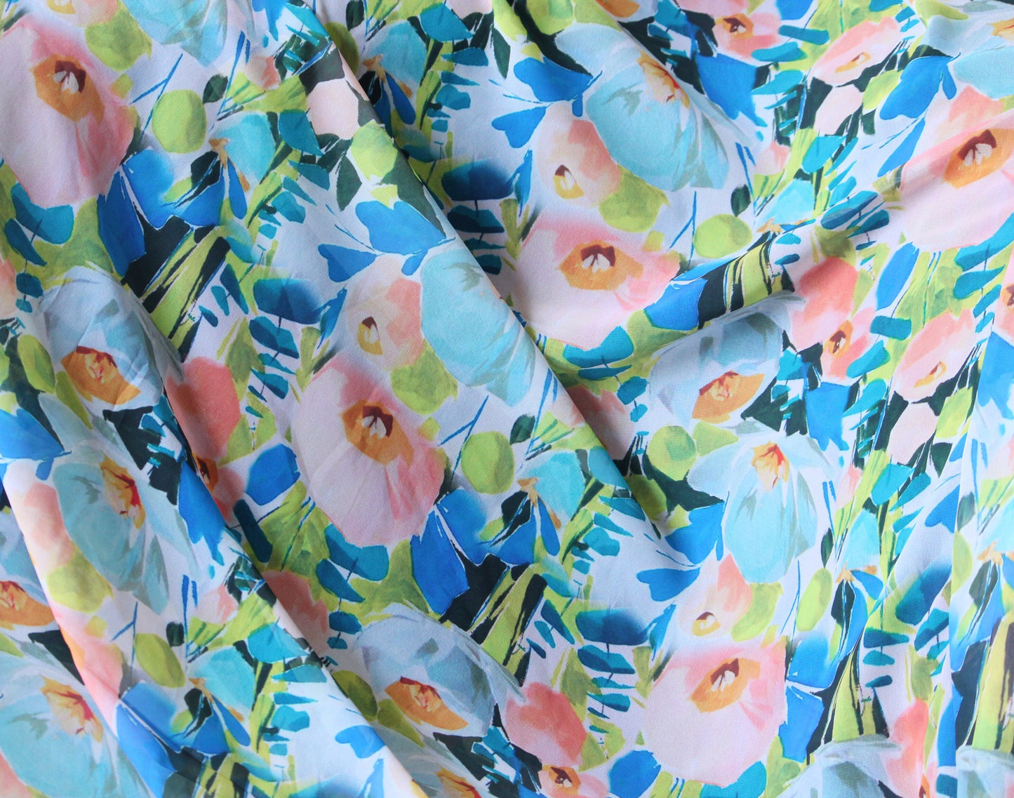 1 yard-bright abstract floral print chiffon fabric by the yard-Gorgeous watercolor look printed fabric-print blue pink chiffon-flowy fabric