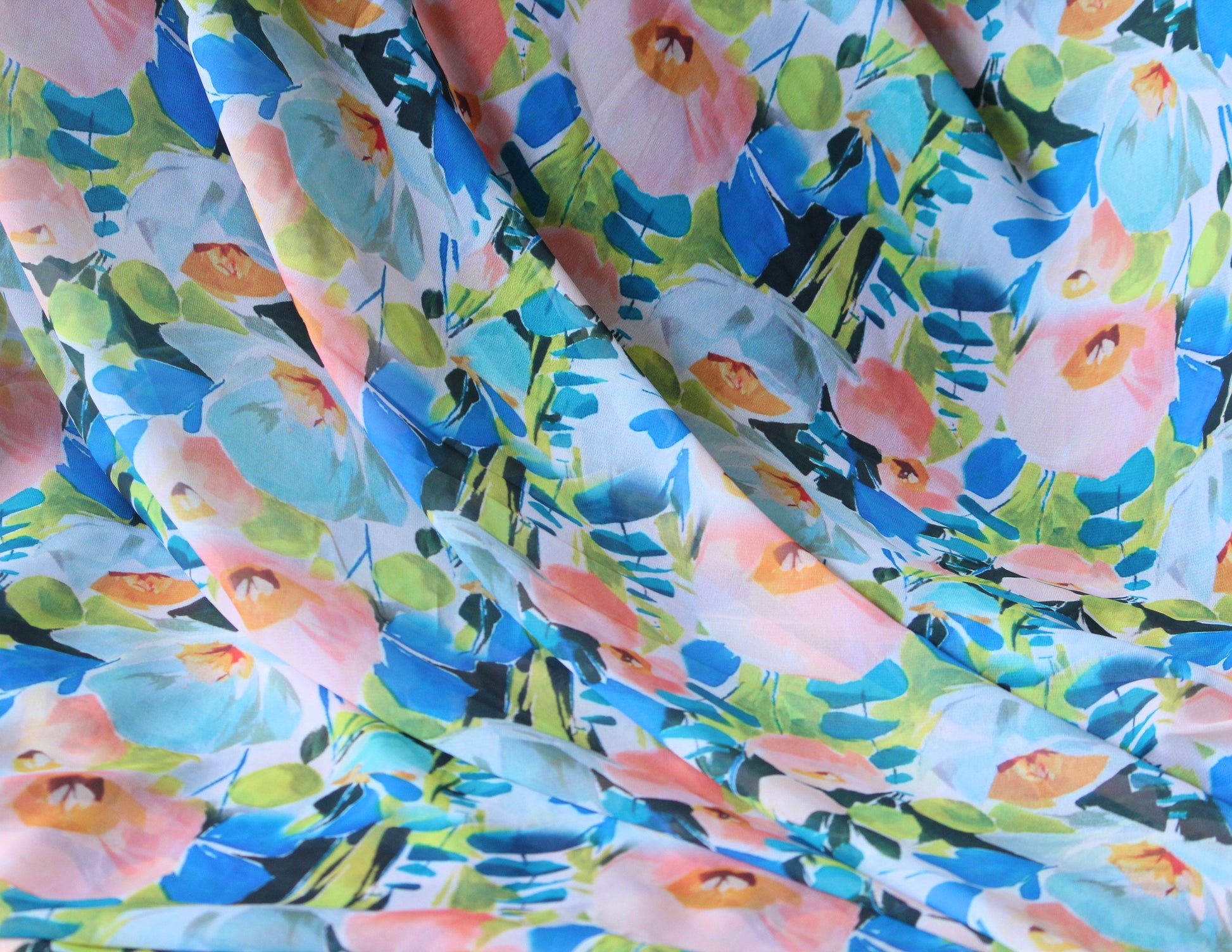 1 yard-bright abstract floral print chiffon fabric by the yard-Gorgeous watercolor look printed fabric-print blue pink chiffon-flowy fabric