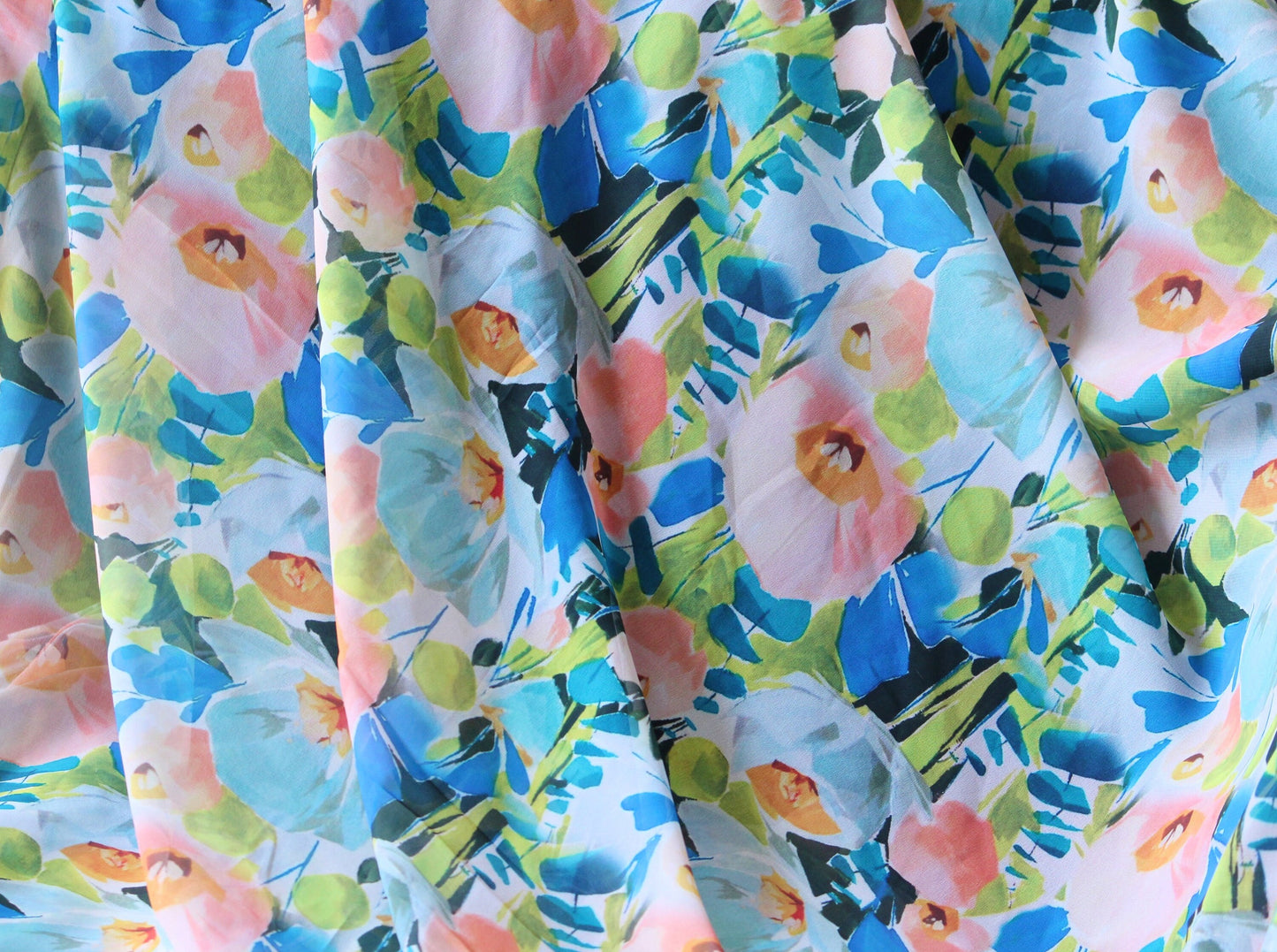 1 yard-bright abstract floral print chiffon fabric by the yard-Gorgeous watercolor look printed fabric-print blue pink chiffon-flowy fabric
