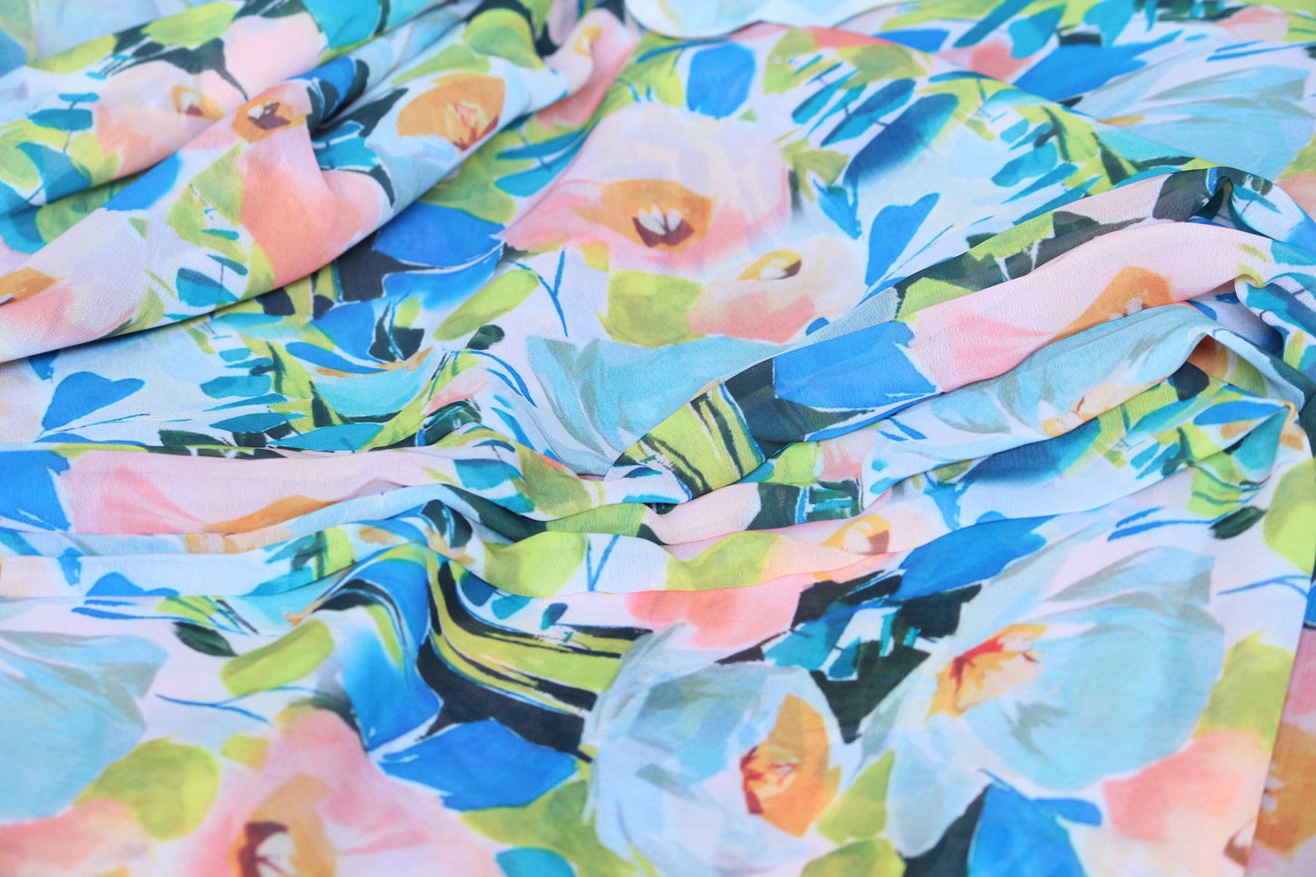 1 yard-bright abstract floral print chiffon fabric by the yard-Gorgeous watercolor look printed fabric-print blue pink chiffon-flowy fabric