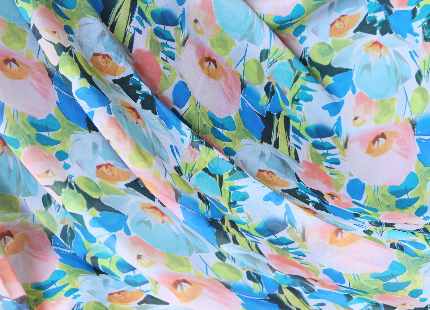 1 yard-bright abstract floral print chiffon fabric by the yard-Gorgeous watercolor look printed fabric-print blue pink chiffon-flowy fabric