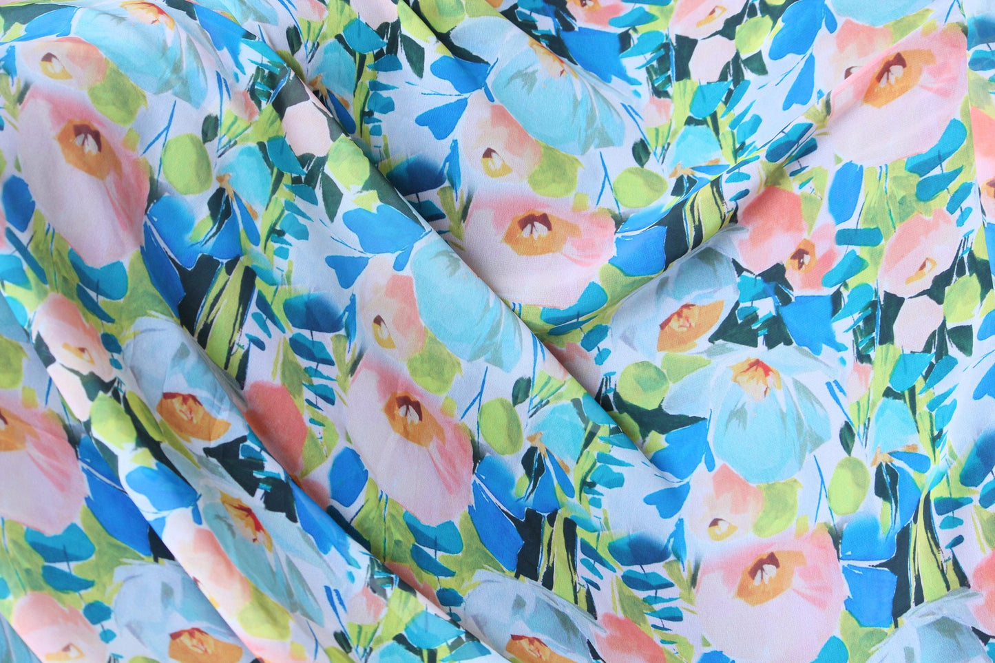 1 yard-bright abstract floral print chiffon fabric by the yard-Gorgeous watercolor look printed fabric-print blue pink chiffon-flowy fabric