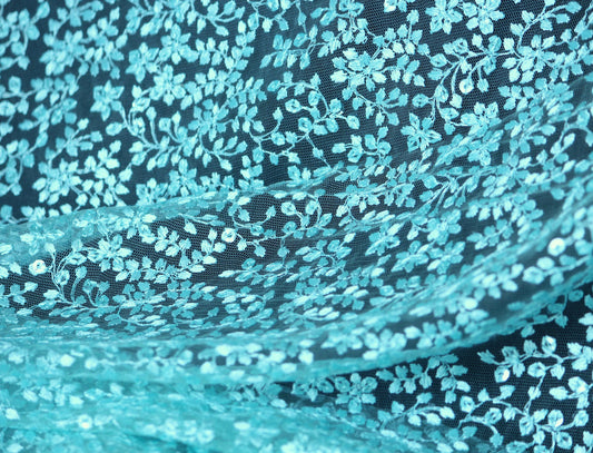 Half yard- Aqua blue tulle embroidery fabric with of scalloped edge -teal blue sequin embroidery mesh fabric-Indian embroidery