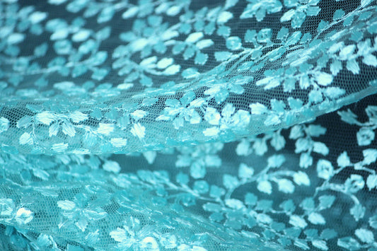 Half yard- Aqua blue tulle embroidery fabric with of scalloped edge -teal blue sequin embroidery mesh fabric-Indian embroidery