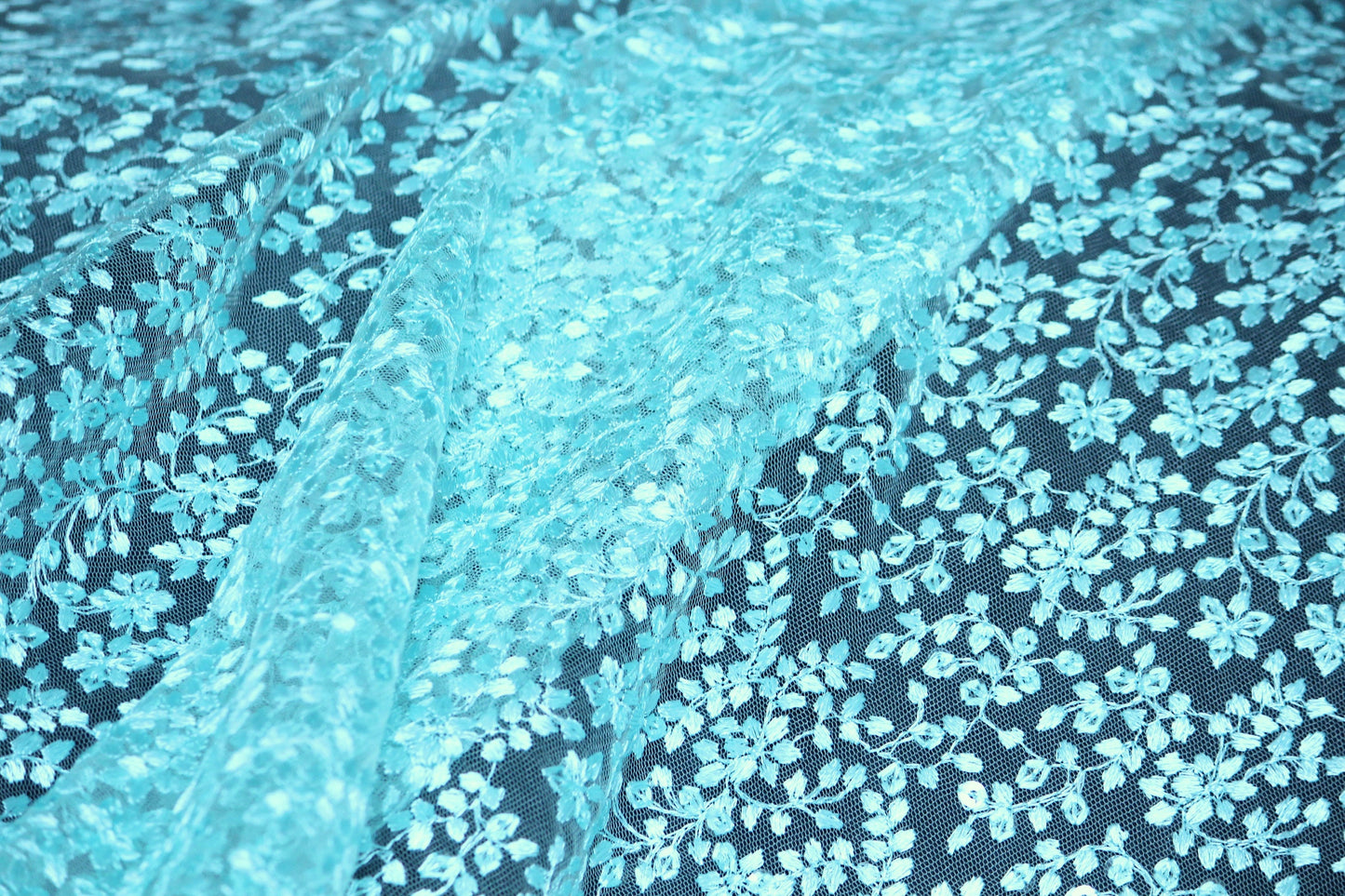 Half yard- Aqua blue tulle embroidery fabric with of scalloped edge -teal blue sequin embroidery mesh fabric-Indian embroidery