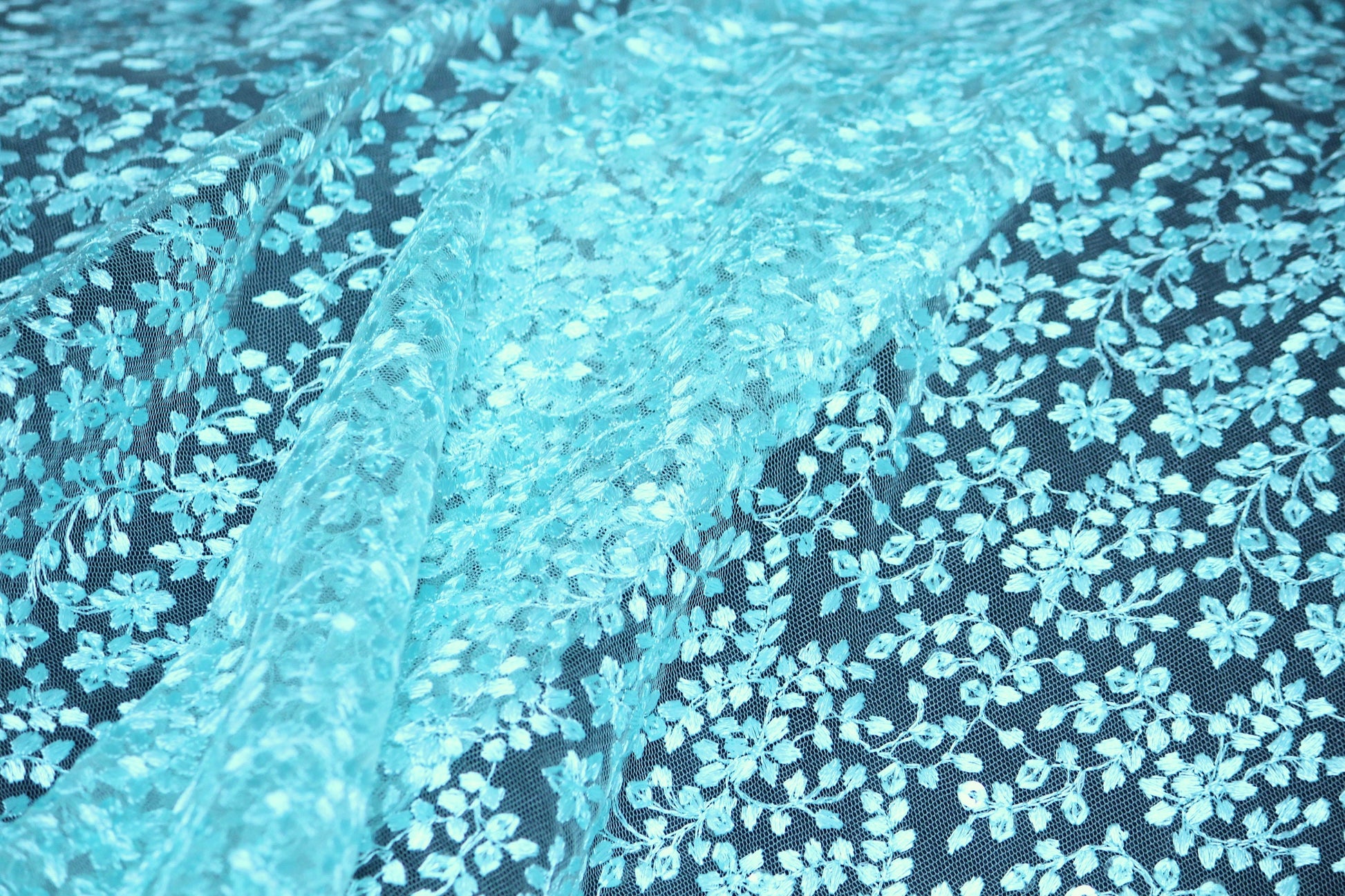 Half yard- Aqua blue tulle embroidery fabric with of scalloped edge -teal blue sequin embroidery mesh fabric-Indian embroidery