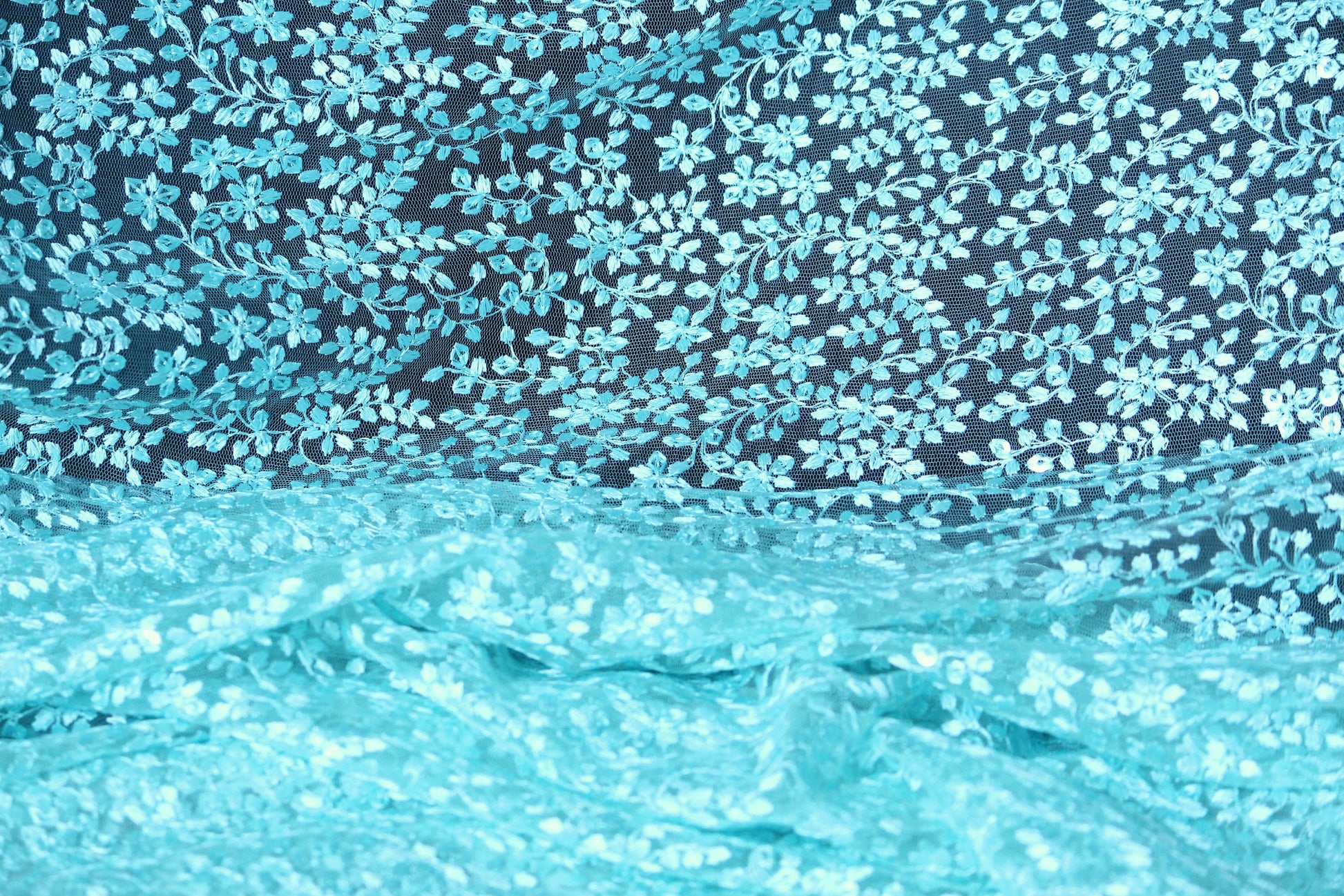 Half yard- Aqua blue tulle embroidery fabric with of scalloped edge -teal blue sequin embroidery mesh fabric-Indian embroidery