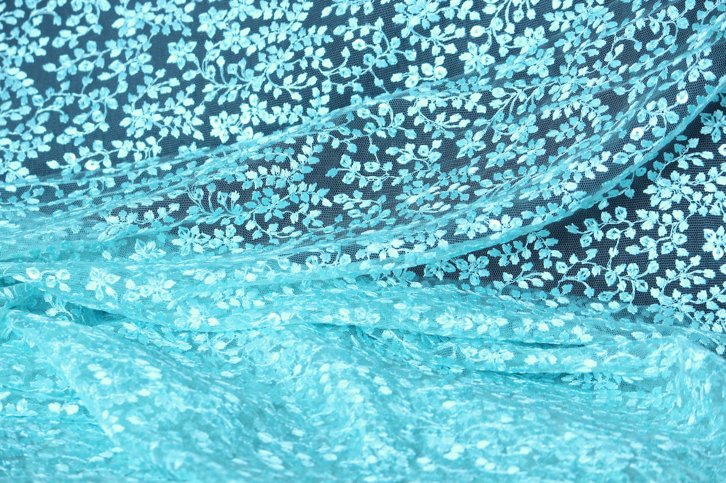 Half yard- Aqua blue tulle embroidery fabric with of scalloped edge -teal blue sequin embroidery mesh fabric-Indian embroidery