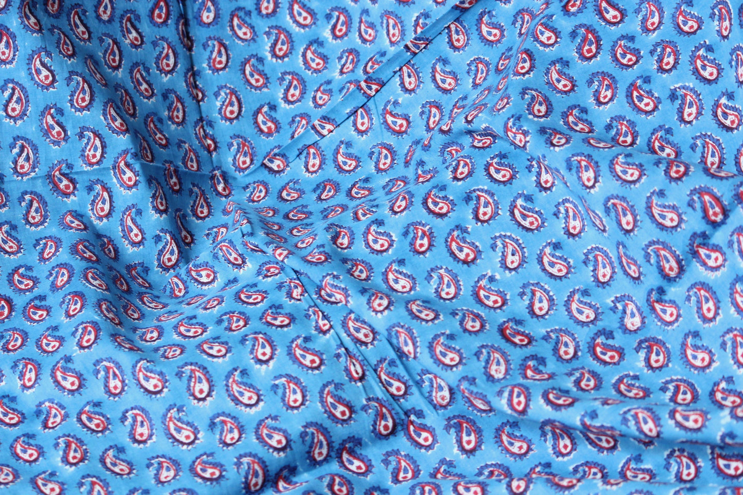 Cobalt blue paisley print hand block printed cotton fabric