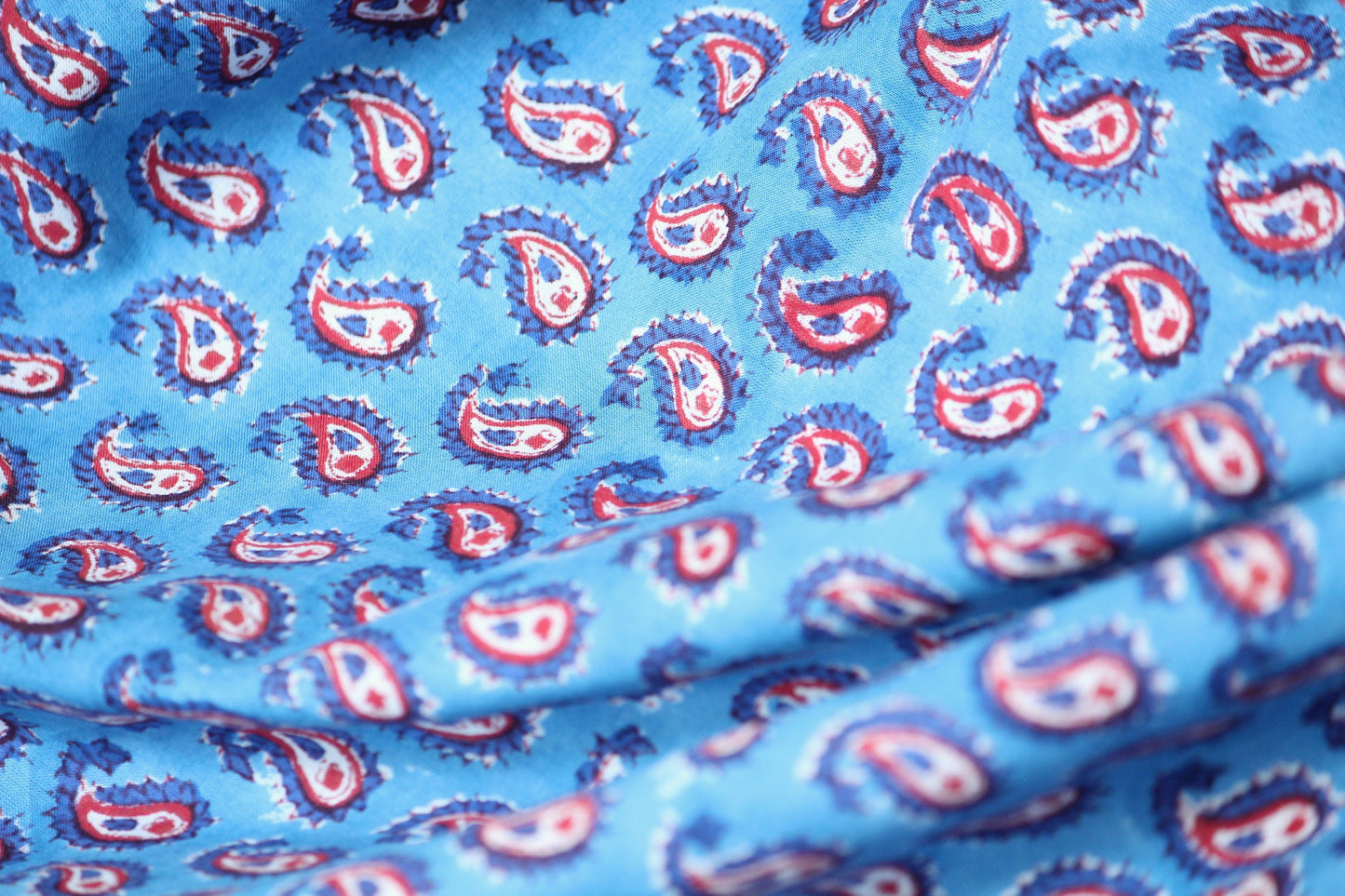 Cobalt blue paisley print hand block printed cotton fabric