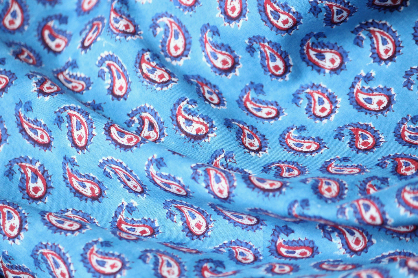 Cobalt blue paisley print hand block printed cotton fabric