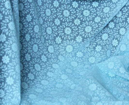 One yard- Aqua blue chiffon embroidery fabric-sheer tonal flows soft fabric -light blue embroidery fabric-blue chiffon