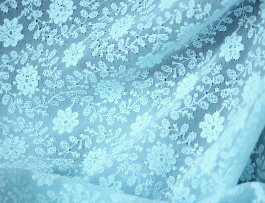 One yard- Aqua blue chiffon embroidery fabric-sheer tonal flows soft fabric -light blue embroidery fabric-blue chiffon
