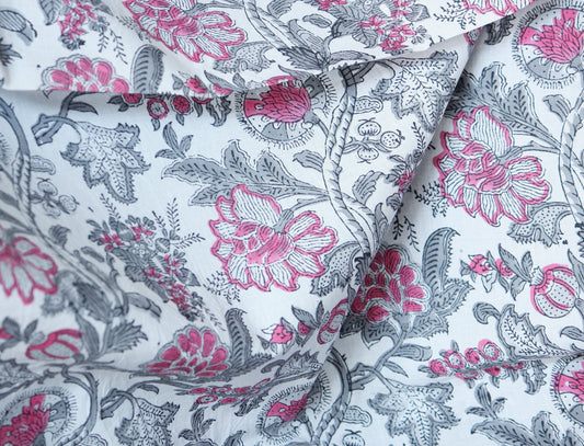 Grey and pink red floral hand block printed cotton fabric by the yard