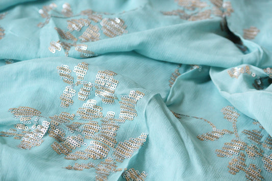 Half yard- Aqua blue crinkled chiffon embroidery fabric-semi sheer soft fabric -light blue sequin embroidery fabric-blue chiffon