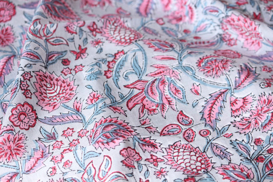 Grey with Red pink and blue hand printed cotton fabric by the yard