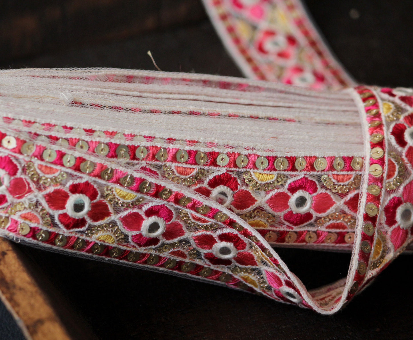 Ribbon by the yard- Red pink ribbon with Indian embroidery-red pink yellow-holiday ribbon- gift wrap- wedding ribbon