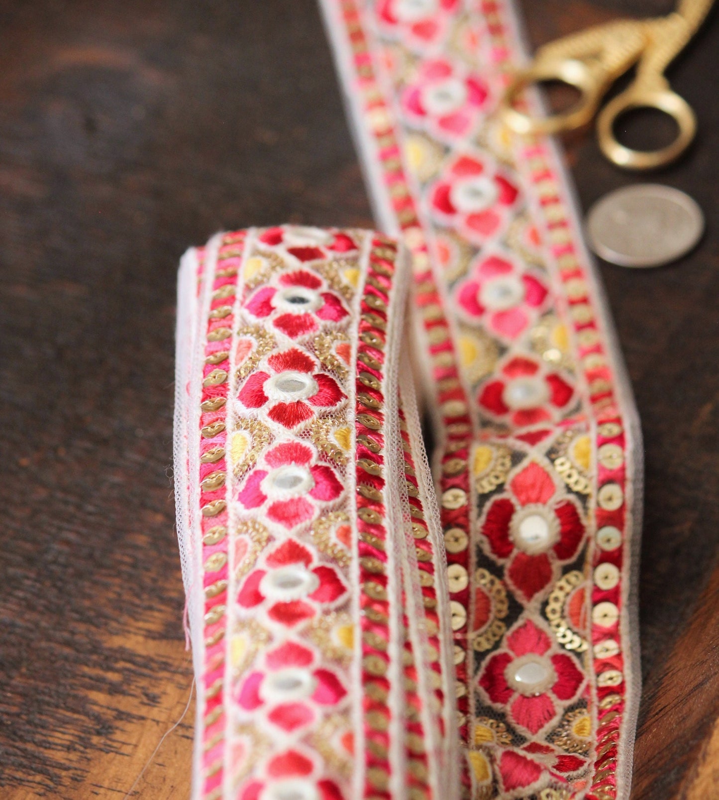 Ribbon by the yard- Red pink ribbon with Indian embroidery-red pink yellow-holiday ribbon- gift wrap- wedding ribbon