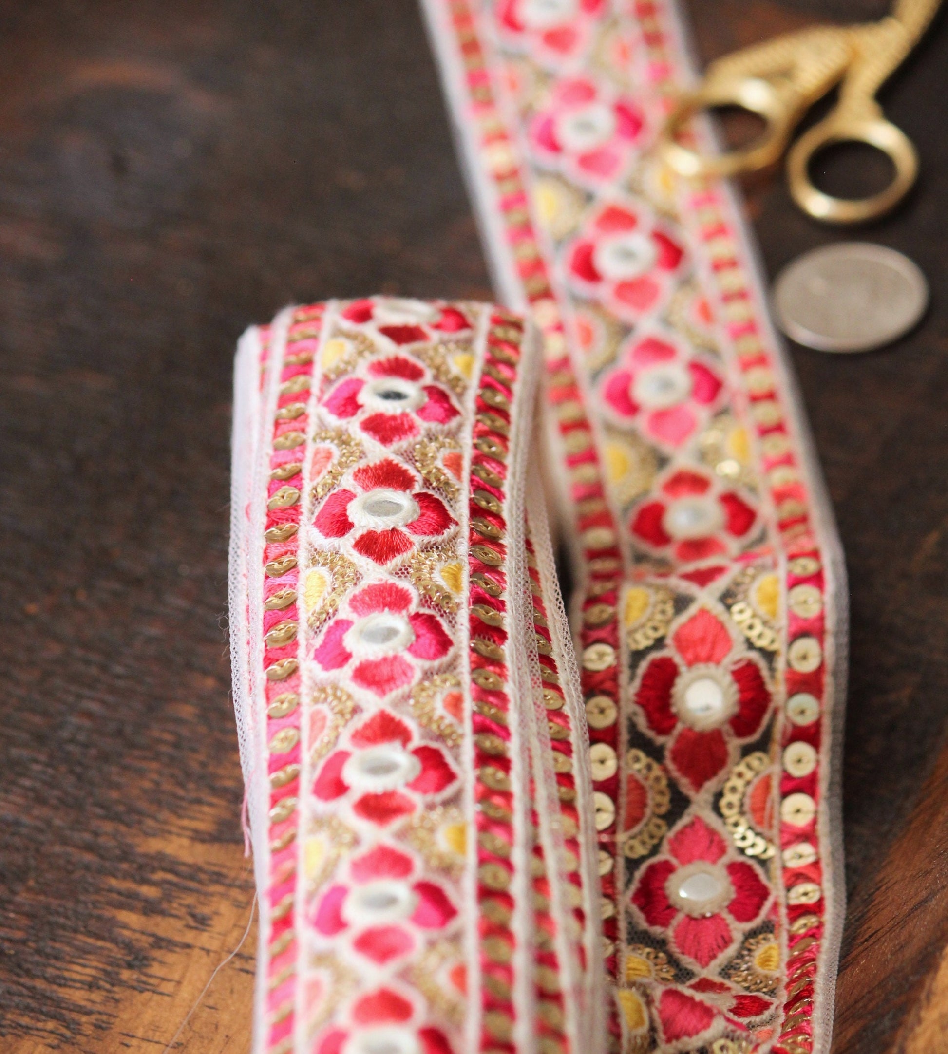 Ribbon by the yard- Red pink ribbon with Indian embroidery-red pink yellow-holiday ribbon- gift wrap- wedding ribbon