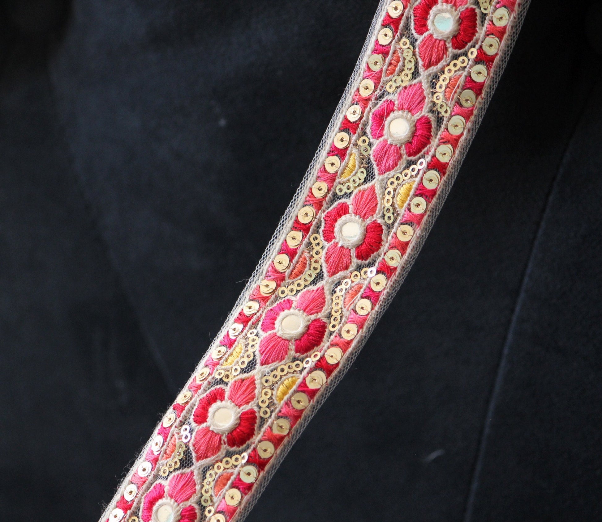 Ribbon by the yard- Red pink ribbon with Indian embroidery-red pink yellow-holiday ribbon- gift wrap- wedding ribbon