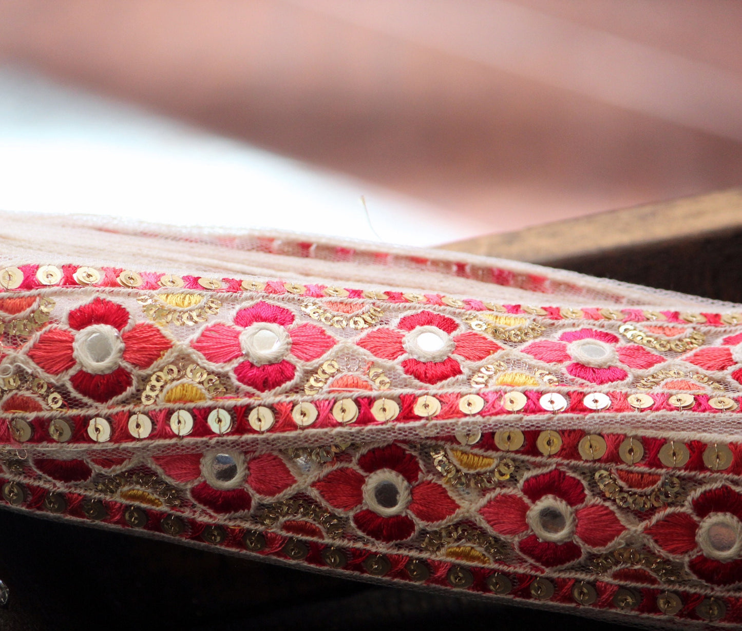 Ribbon by the yard- Red pink ribbon with Indian embroidery-red pink yellow-holiday ribbon- gift wrap- wedding ribbon