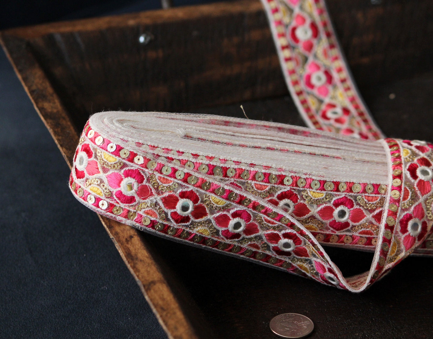 Ribbon by the yard- Red pink ribbon with Indian embroidery-red pink yellow-holiday ribbon- gift wrap- wedding ribbon