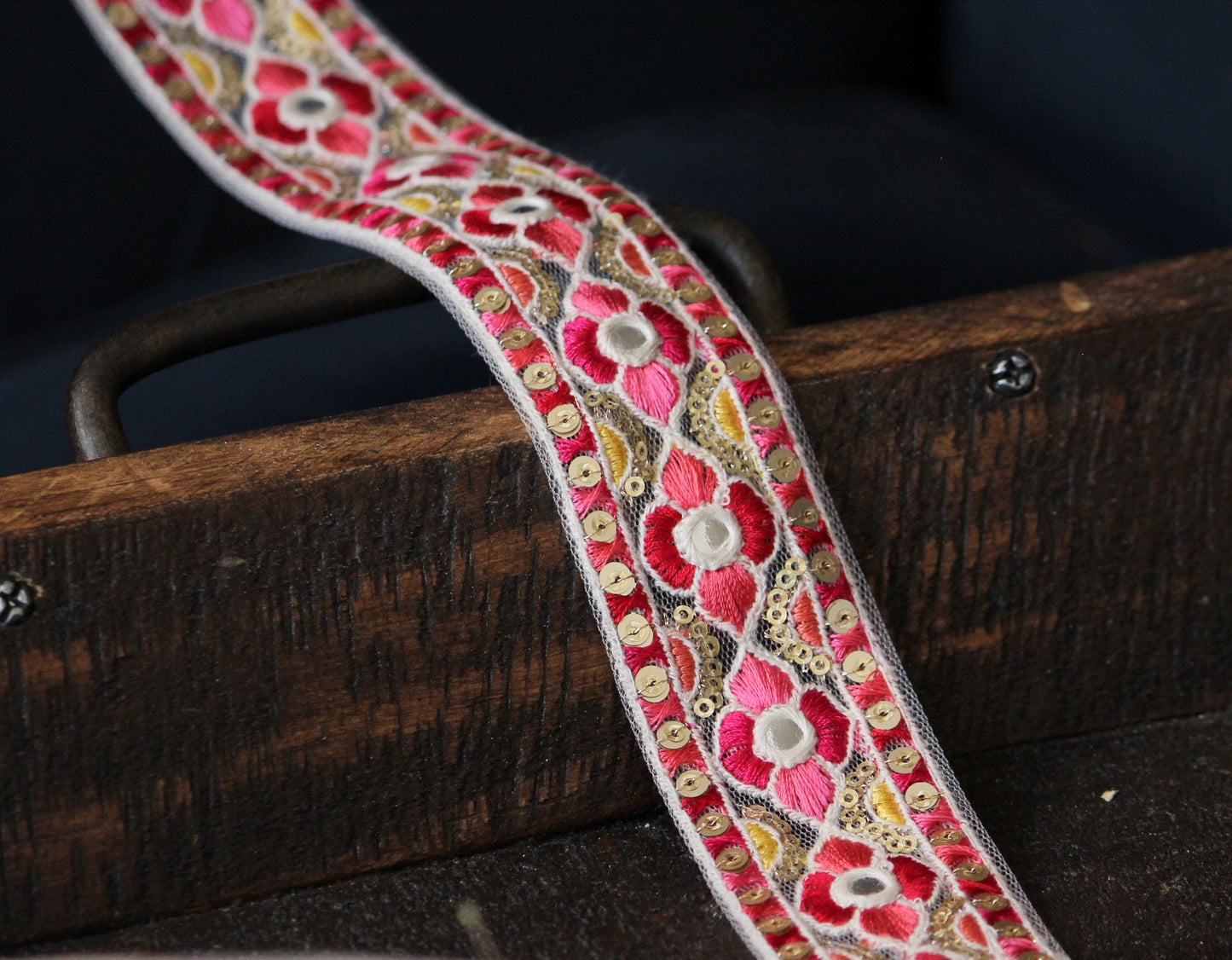 Ribbon by the yard- Red pink ribbon with Indian embroidery-red pink yellow-holiday ribbon- gift wrap- wedding ribbon
