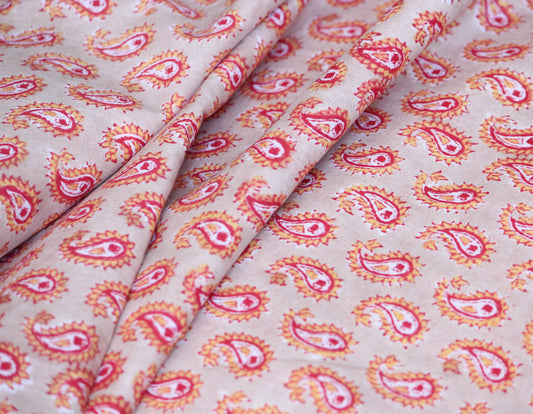 Beige with red mini paisley hand printed cotton fabric by the yard