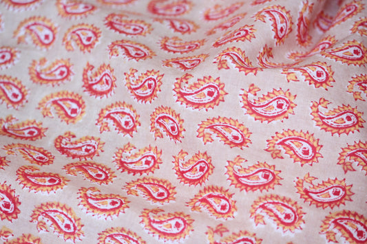 Beige with red mini paisley hand printed cotton fabric by the yard